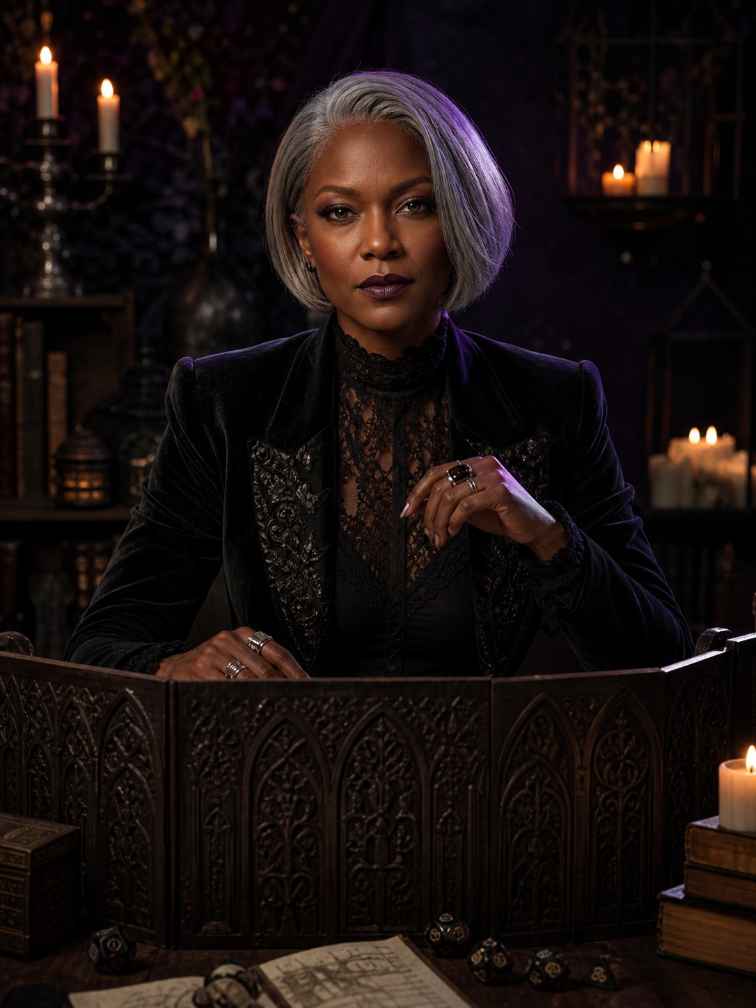 Synthetic portrait of Dungeon Mommy seated behind a carved game-master screen in candlelight
